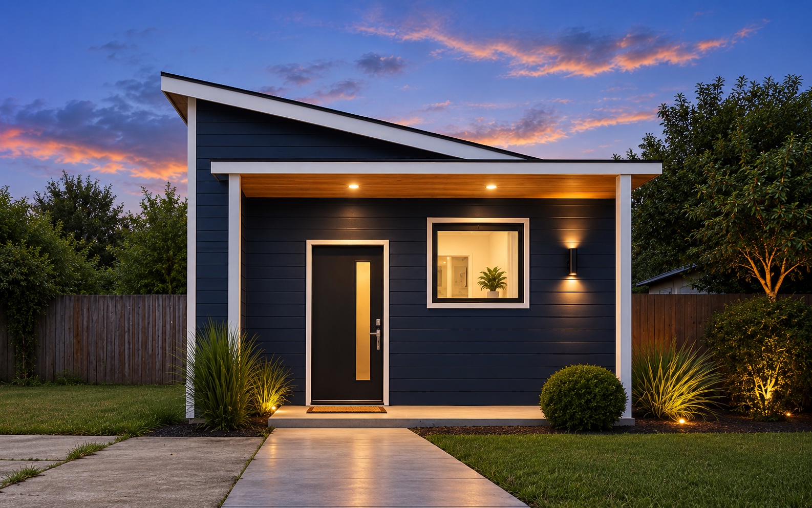 Renovated home exterior at dusk, dark navy siding with warm porch lighting